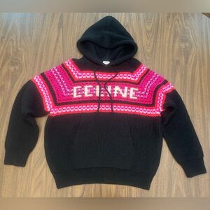 Celine Ski Jacquard Wool Hoodie Sweater XS Oversized Black Pink Made in Italy